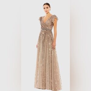 NWT | MAC DUGGAL Copper Sequined Wrap Over Ruffled Cap Sleeve Gown | Size 6